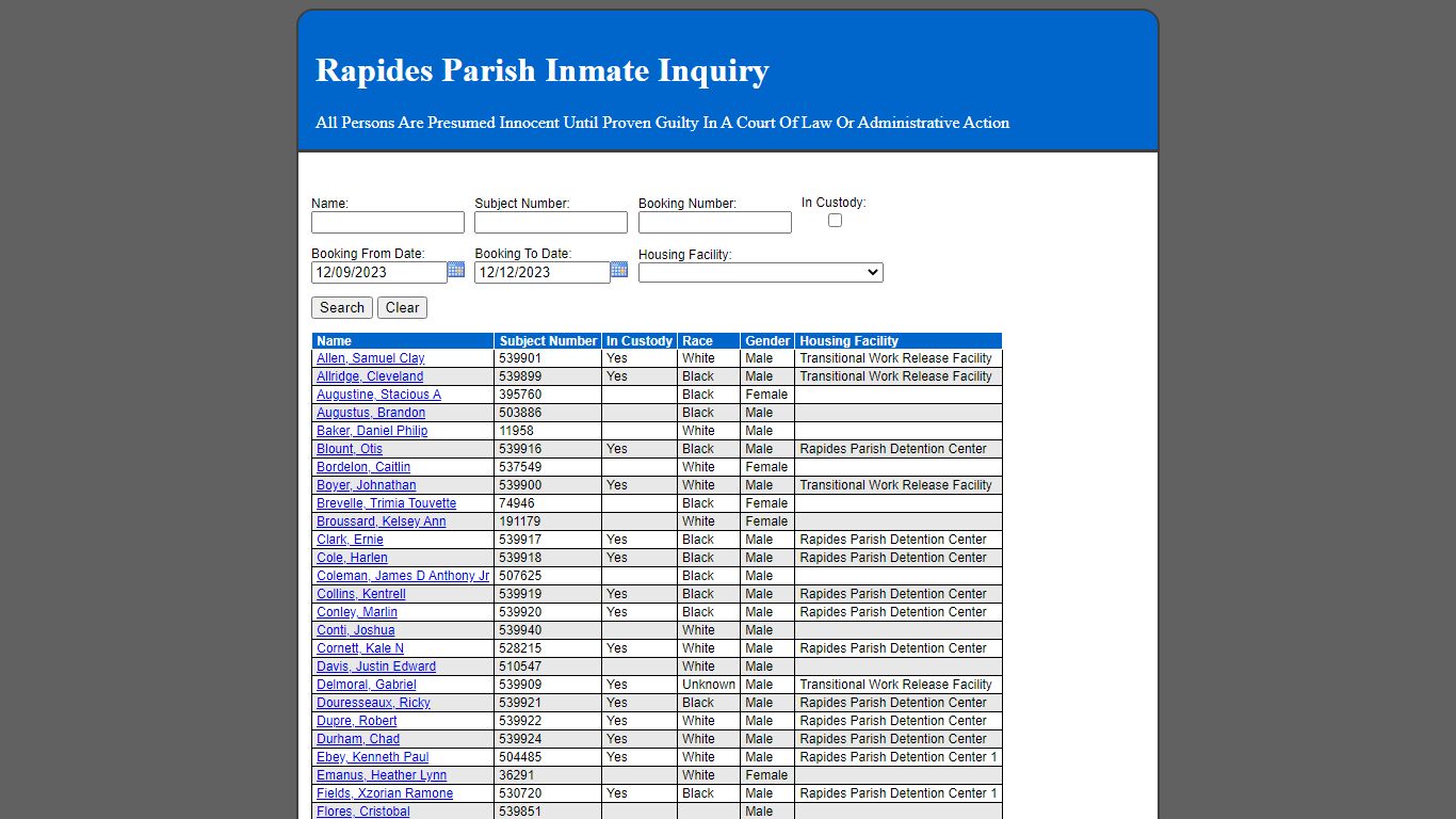 Rapides Parish Inmate Inquiry - 12.189.45.22
